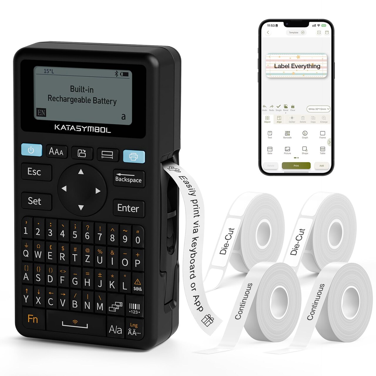 E11 Bluetooth Label Maker Machine with 4 Tapes, Support Keyboard & App with 30+ Fonts and 660+ Icons, Rechargeable Inkless Labeler for Home, Kitchen, Office, School, Organization, Black